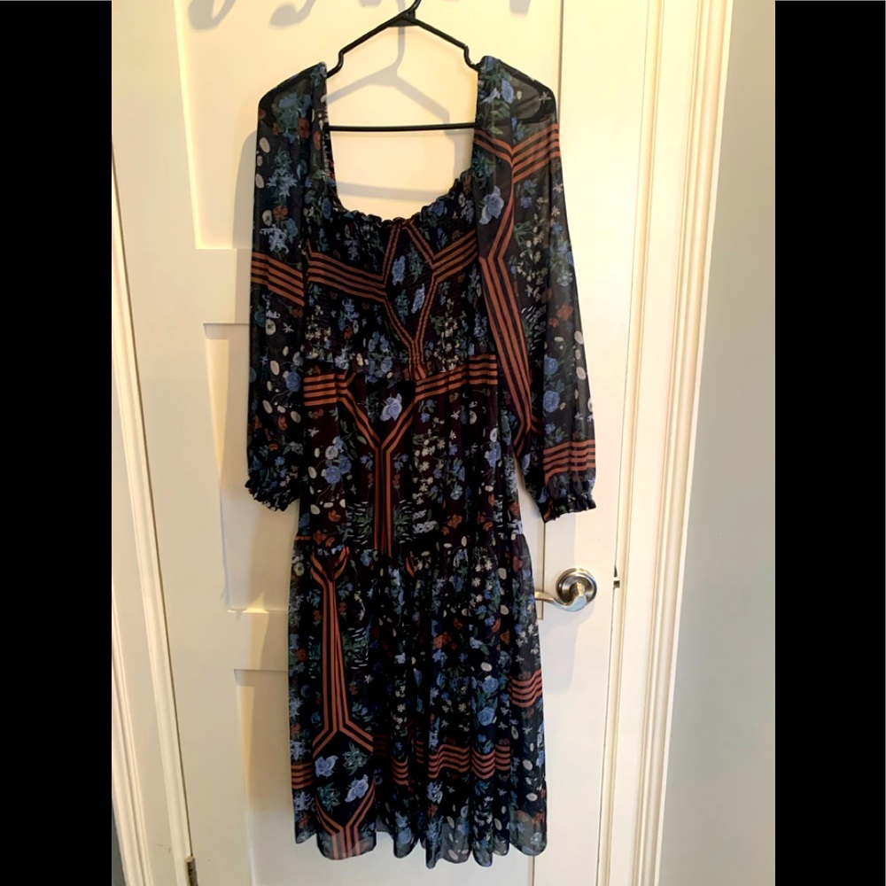 Wilfred Long Sleeve Floral Midi Dress in Navy and Rust